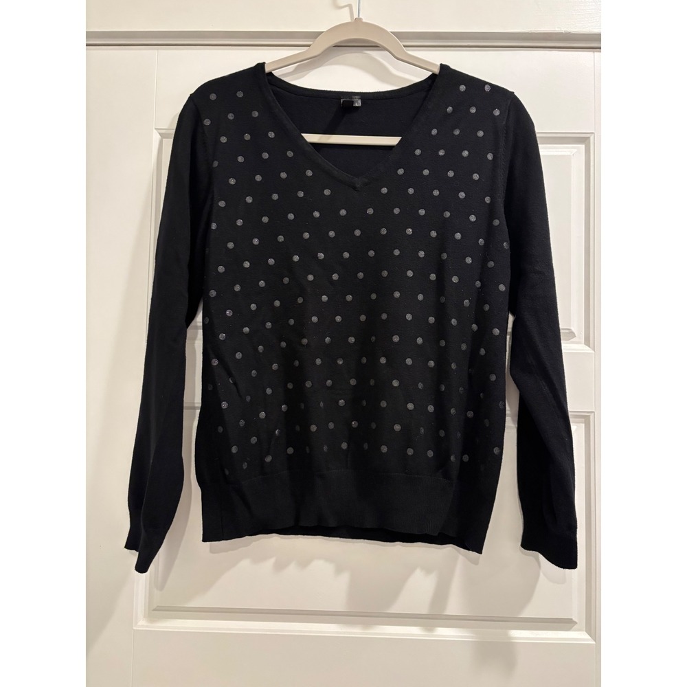 Dip Womens Black Silver Glitter Polka Dot V-Neck Sweater Size L RN58623